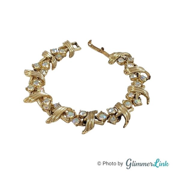 Vintage 1960s Aurora Borealis AB Rhinestone Floral Gold Tone Bracelet - Picture 1 of 10
